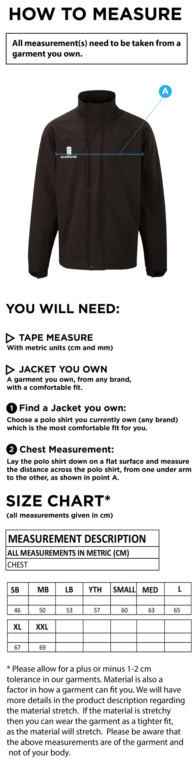 Softshell Bonded Jacket Navy - Size Guide